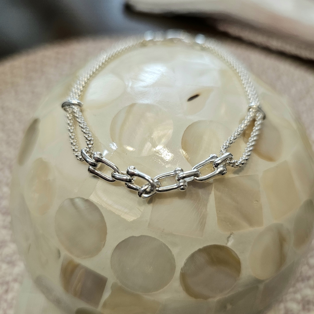 Sterling Stirrup and Popcorn Chain 925 Bracelet - Picture 3 of 15